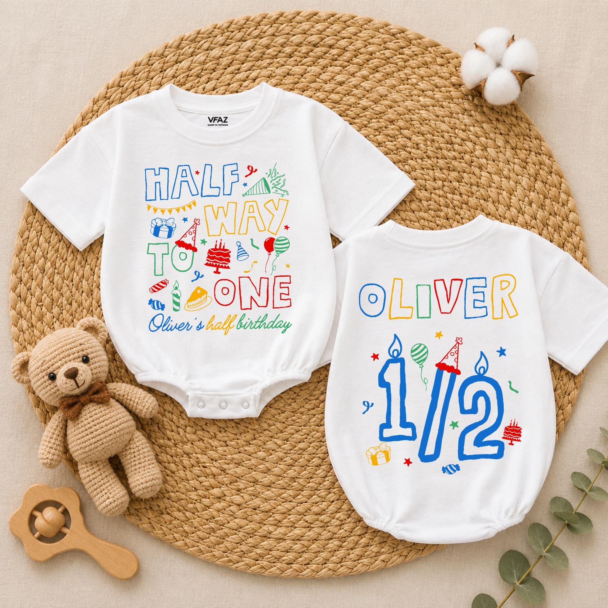Personalized Half Birthday Baby Boy Romper with Custom Name Half Way to One Outfit Colorful Party Design 6 Month Milestone Gift