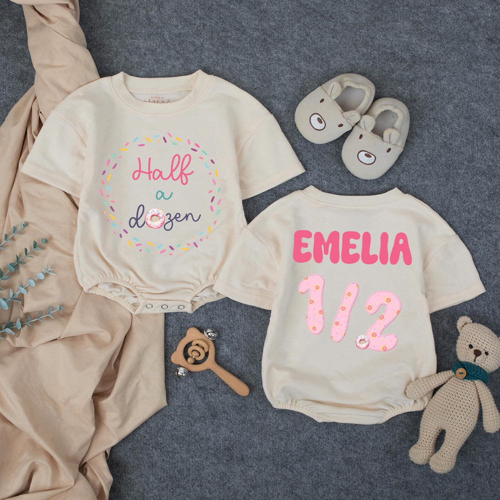 Personalized Half Birthday Baby Girl Romper with Donut Theme Soft Pink Teal Outfit Celebratory Milestone Gift Custom Name Age Design