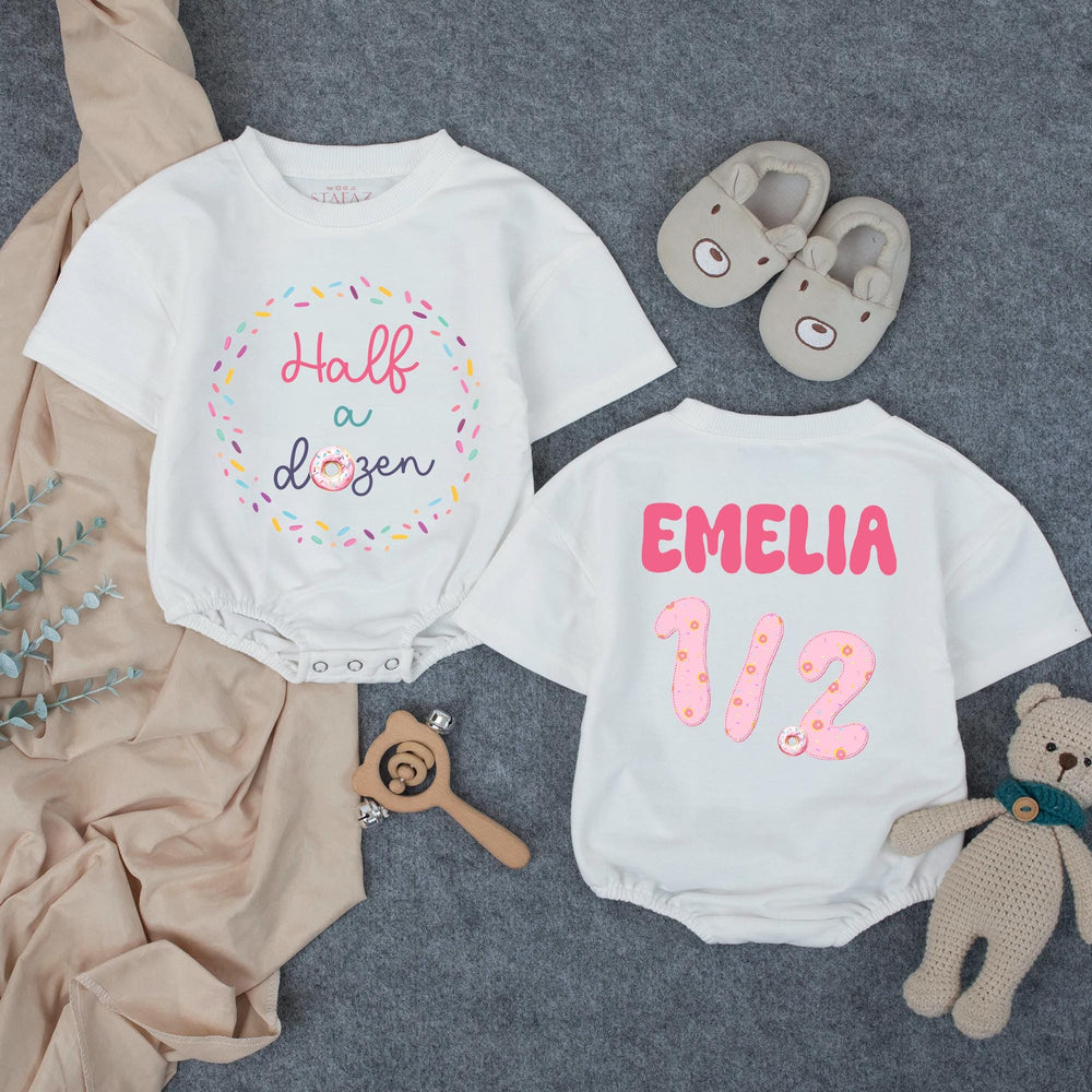 Personalized Half Birthday Baby Girl Romper with Donut Theme Soft Pink Teal Outfit Celebratory Milestone Gift Custom Name Age Design