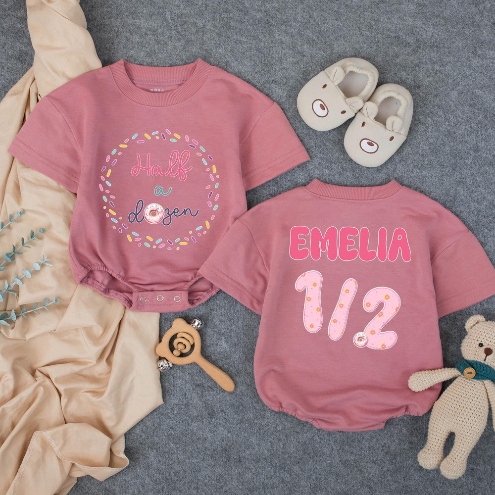 Personalized Half Birthday Baby Girl Romper with Donut Theme Soft Pink Teal Outfit Celebratory Milestone Gift Custom Name Age Design