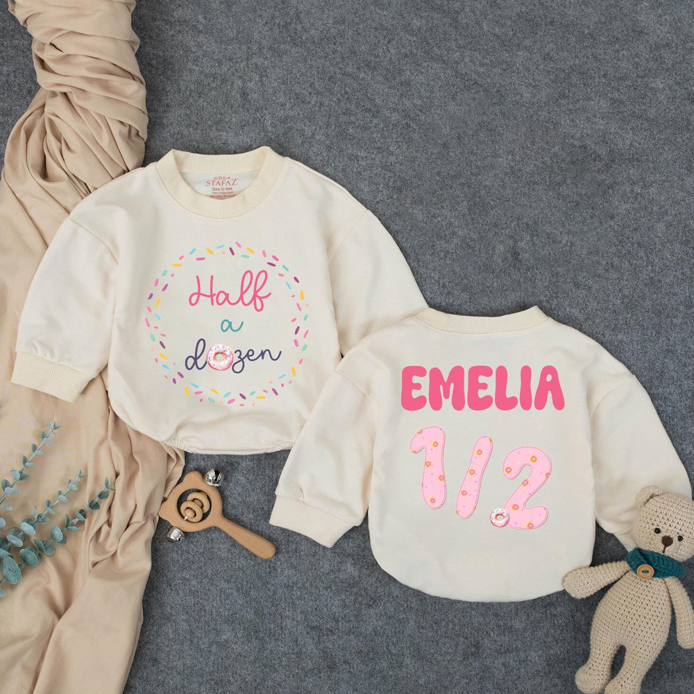 Personalized Half Birthday Baby Girl Romper with Donut Theme Soft Pink Teal Outfit Celebratory Milestone Gift Custom Name Age Design