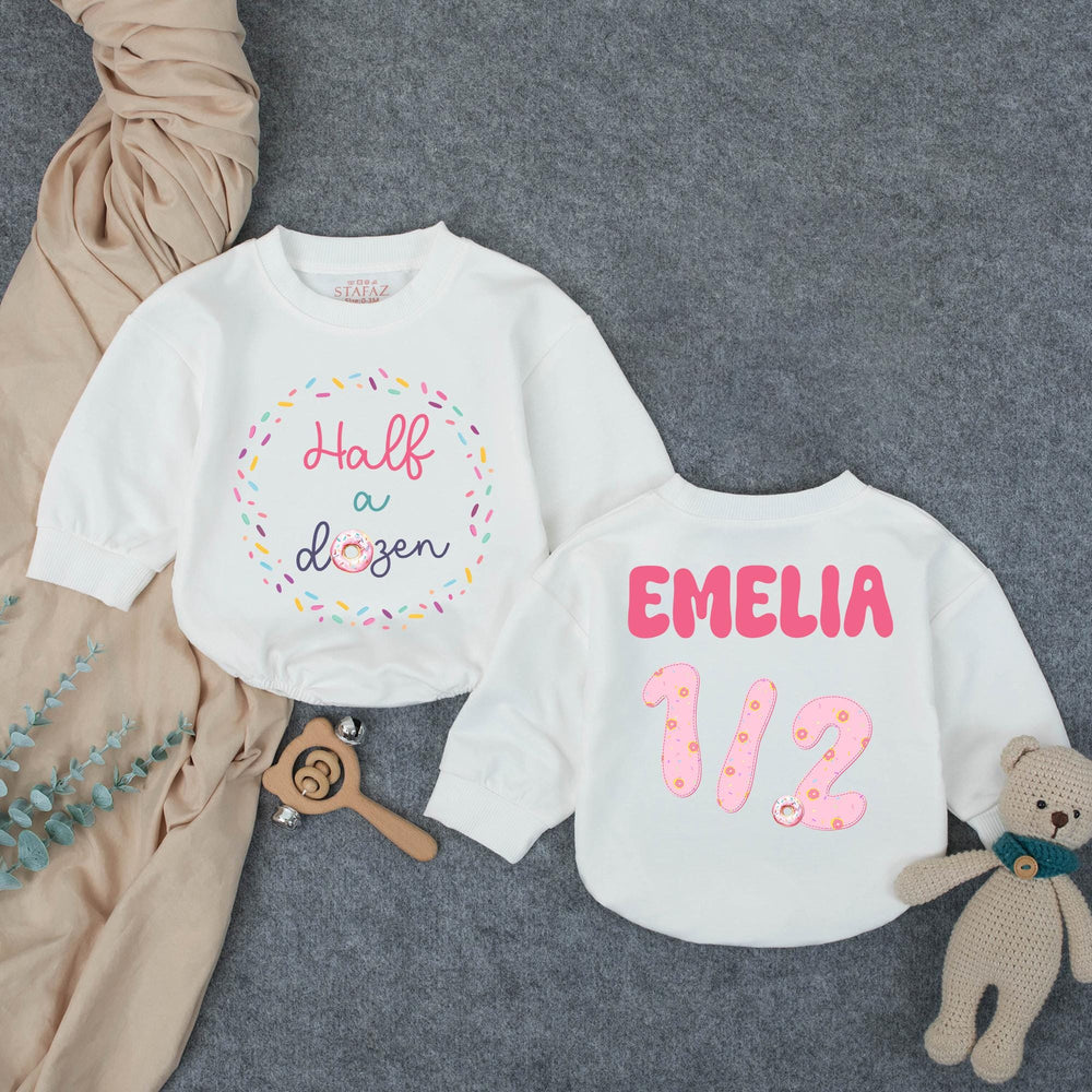 Personalized Half Birthday Baby Girl Romper with Donut Theme Soft Pink Teal Outfit Celebratory Milestone Gift Custom Name Age Design