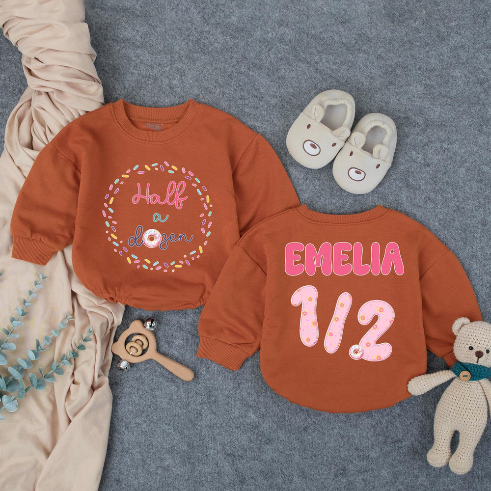 Personalized Half Birthday Baby Girl Romper with Donut Theme Soft Pink Teal Outfit Celebratory Milestone Gift Custom Name Age Design
