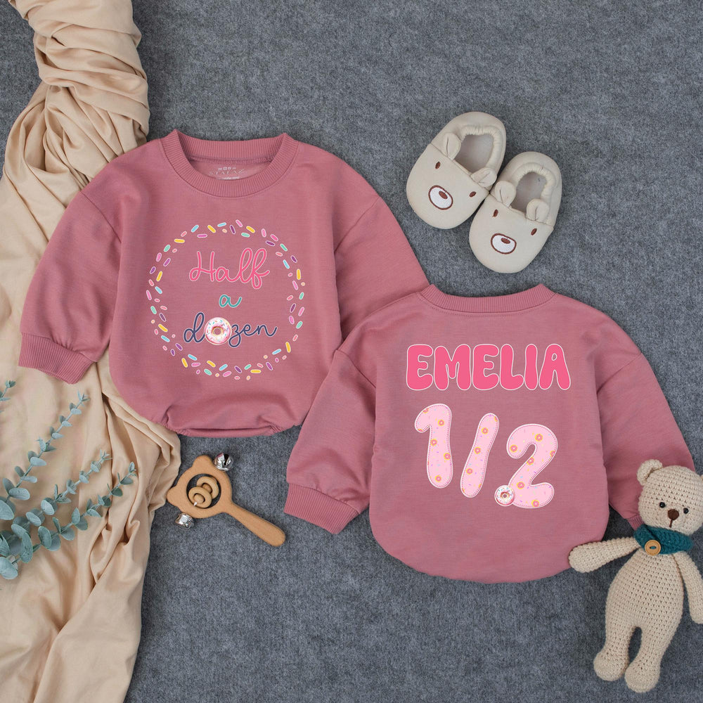 Personalized Half Birthday Baby Girl Romper with Donut Theme Soft Pink Teal Outfit Celebratory Milestone Gift Custom Name Age Design