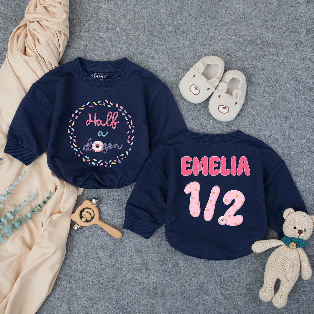 Personalized Half Birthday Baby Girl Romper with Donut Theme Soft Pink Teal Outfit Celebratory Milestone Gift Custom Name Age Design