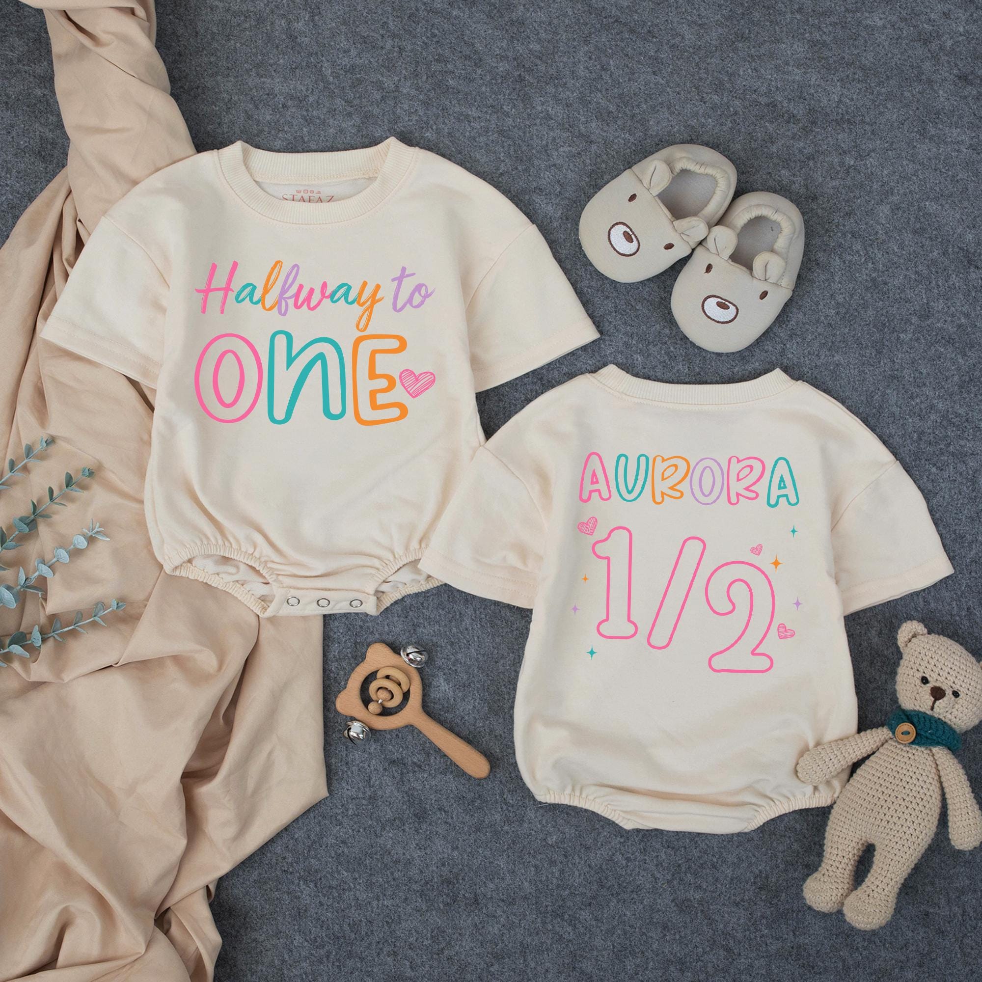 Personalized Half Birthday Baby Romper with Colorful 'Halfway to One' and Name Design, Soft Cotton Outfit for 6-Month Milestone Photos