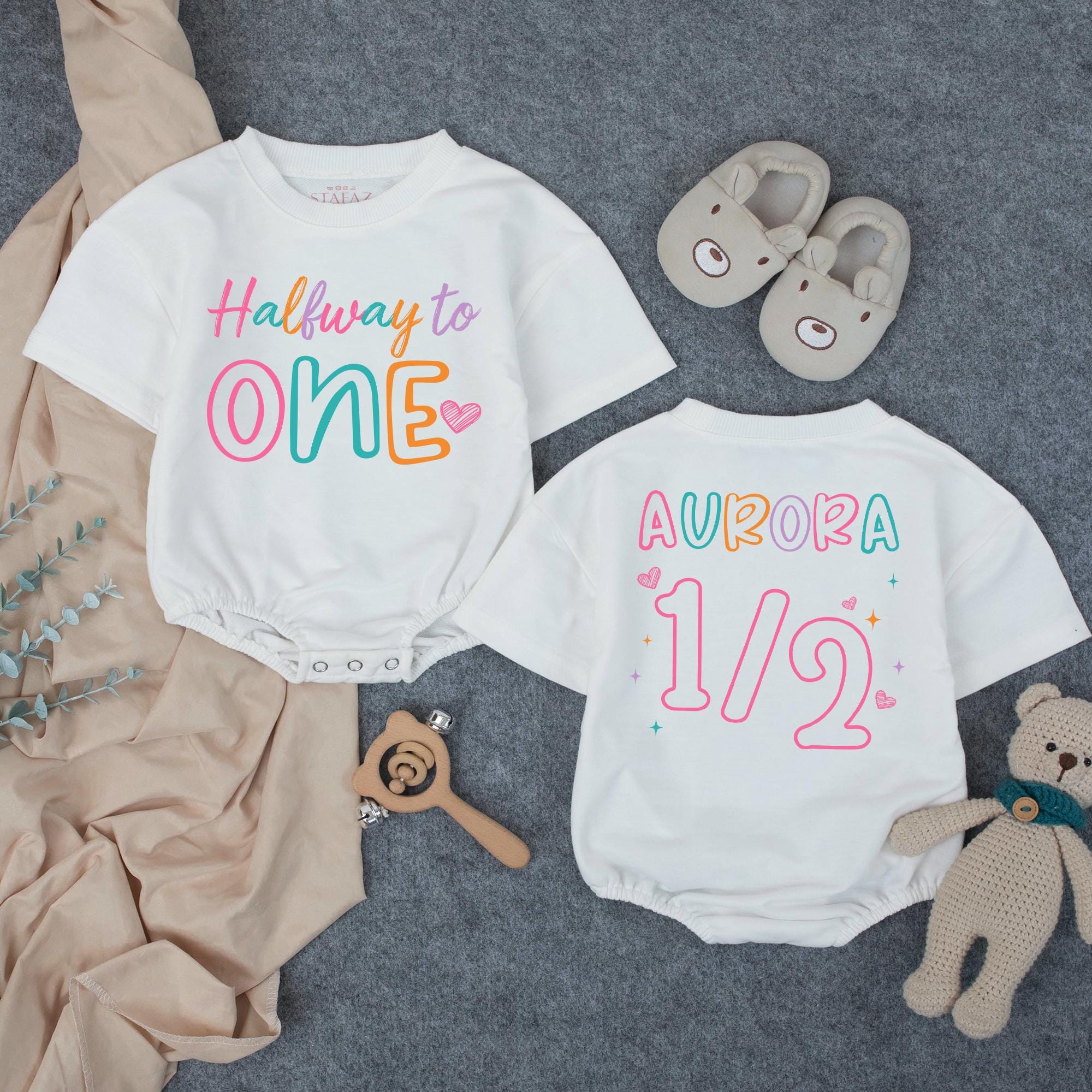 Personalized Half Birthday Baby Romper with Colorful 'Halfway to One' and Name Design, Soft Cotton Outfit for 6-Month Milestone Photos