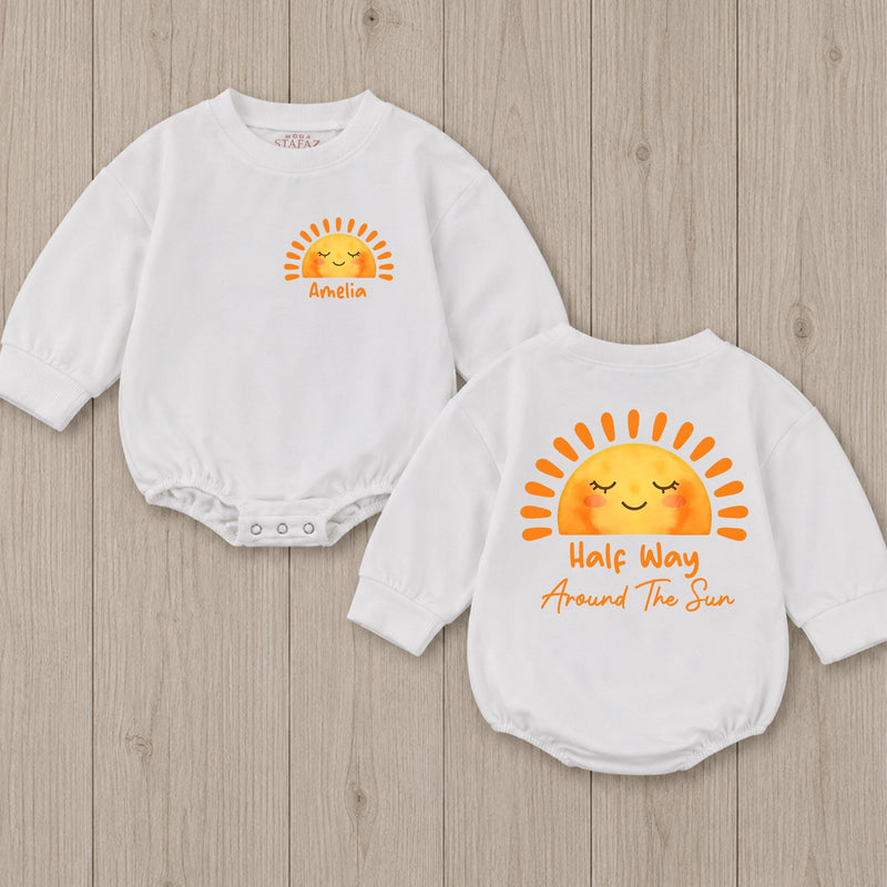 Personalized Half Birthday Baby Romper Custom Sun Half Way Around The Sun Outfit 6 Month Old Baby Clothes Short Sleeve