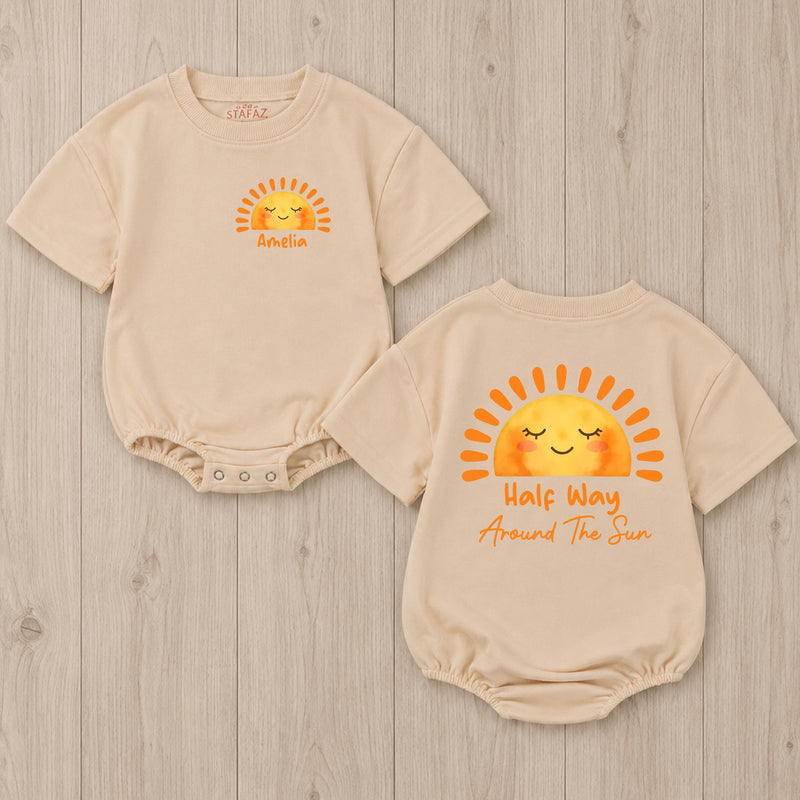 Personalized Half Birthday Baby Romper Custom Sun Half Way Around The Sun Outfit 6 Month Old Baby Clothes Short Sleeve