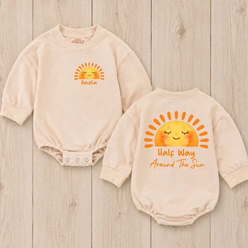 Personalized Half Birthday Baby Romper Custom Sun Half Way Around The Sun Outfit 6 Month Old Baby Clothes Short Sleeve