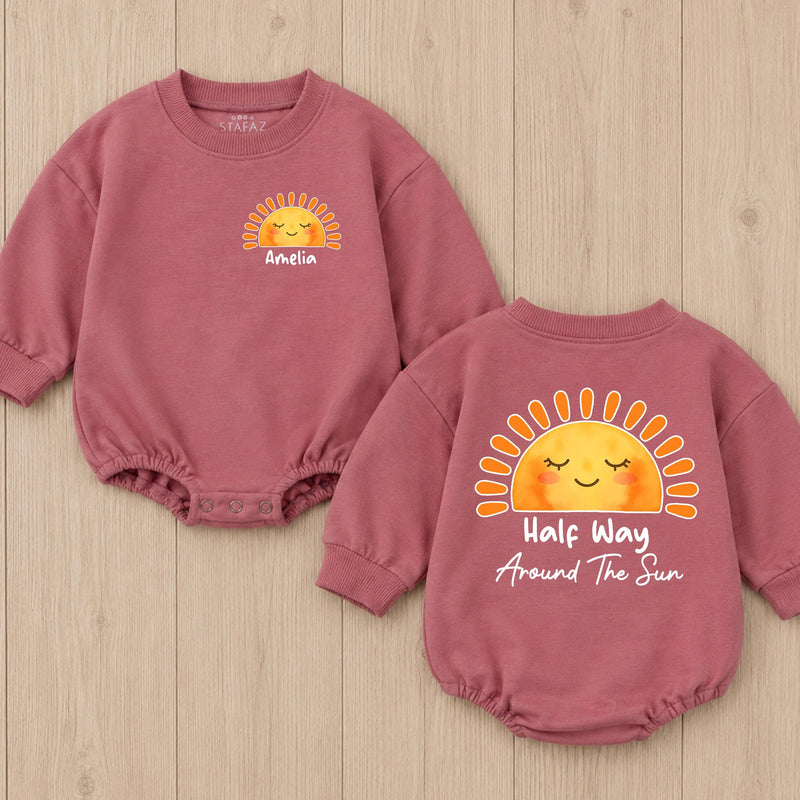 Personalized Half Birthday Baby Romper Custom Sun Half Way Around The Sun Outfit 6 Month Old Baby Clothes Short Sleeve