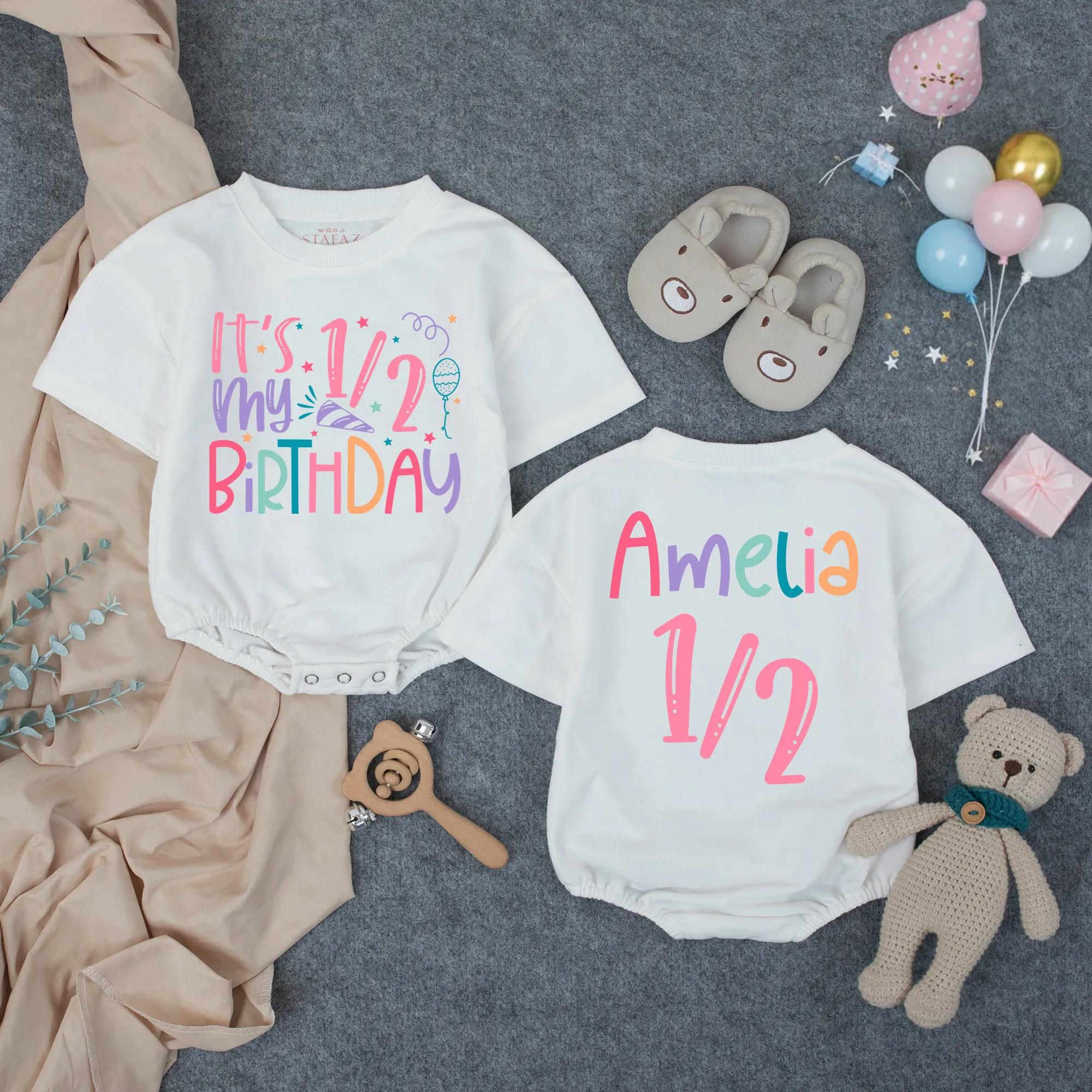 Personalized Half Birthday Baby Romper for Girls with Colorful 1/2 Design, Party Graphics, Custom Name Outfit Celebrating Halfway to One