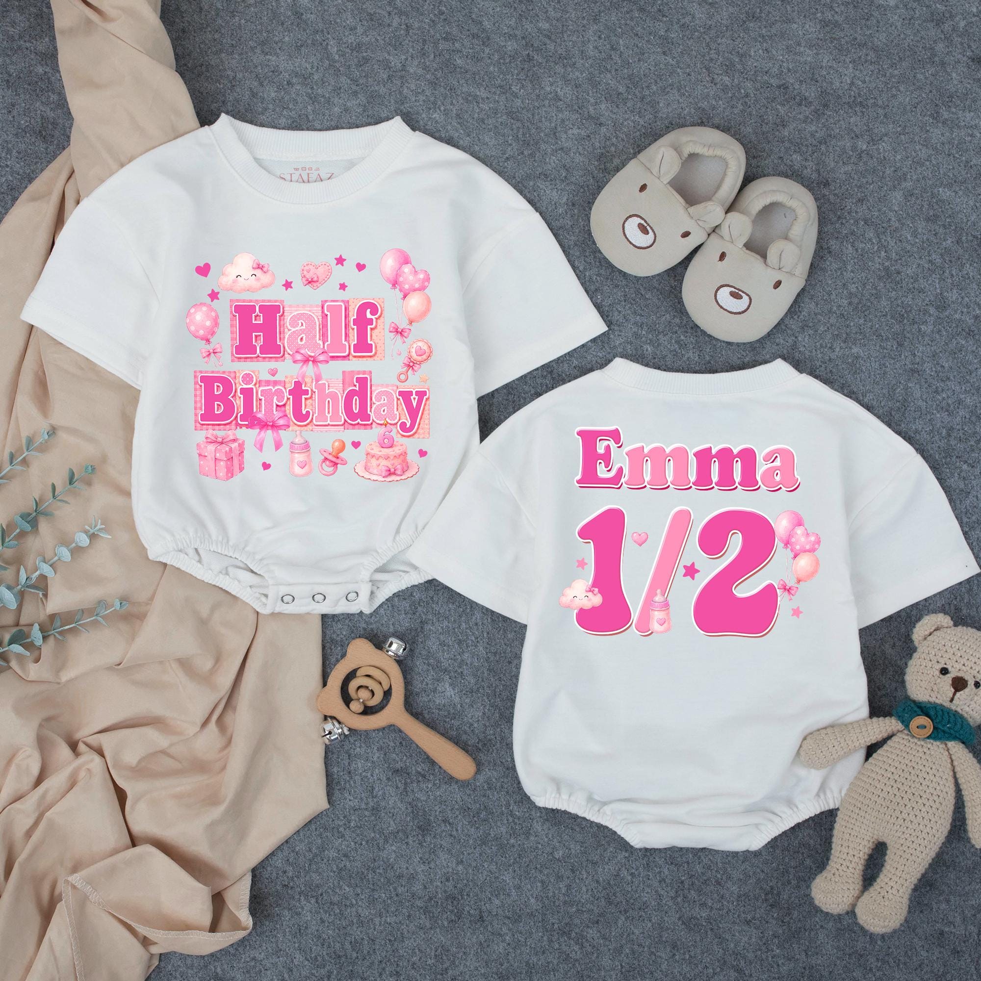 Personalized Half Birthday Baby Romper with Pink Balloon Art, Custom Name, Soft Cotton Outfit for 6-Month Milestone Photos & Celebrations