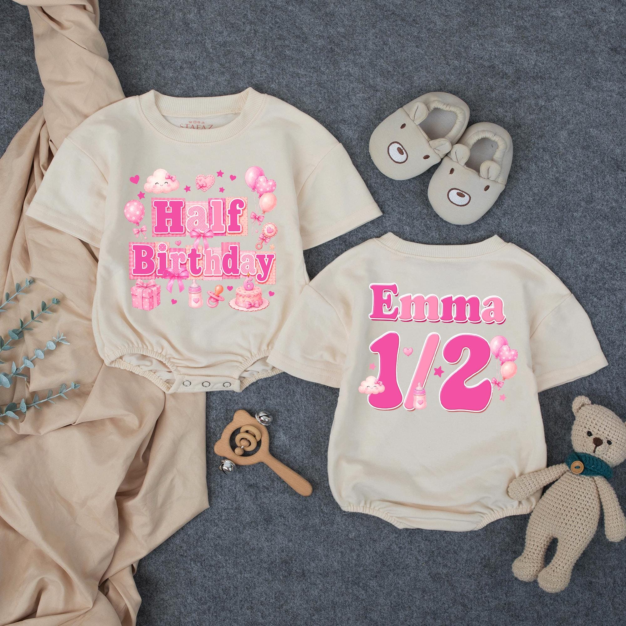 Personalized Half Birthday Baby Romper with Pink Balloon Art, Custom Name, Soft Cotton Outfit for 6-Month Milestone Photos & Celebrations