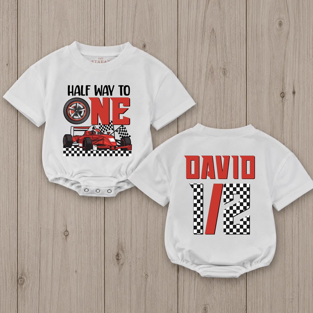 Personalized Half Birthday Baby Romper with Racing Theme Red Race Car Design Half Way to One Outfit Custom Name Formula 1 Party Clothes