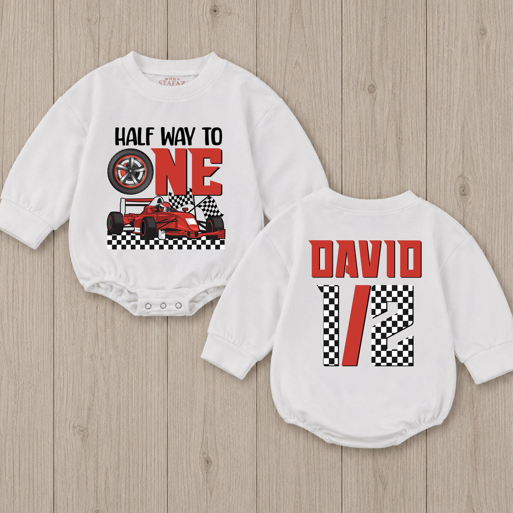 Personalized Half Birthday Baby Romper with Racing Theme Red Race Car Design Half Way to One Outfit Custom Name Formula 1 Party Clothes