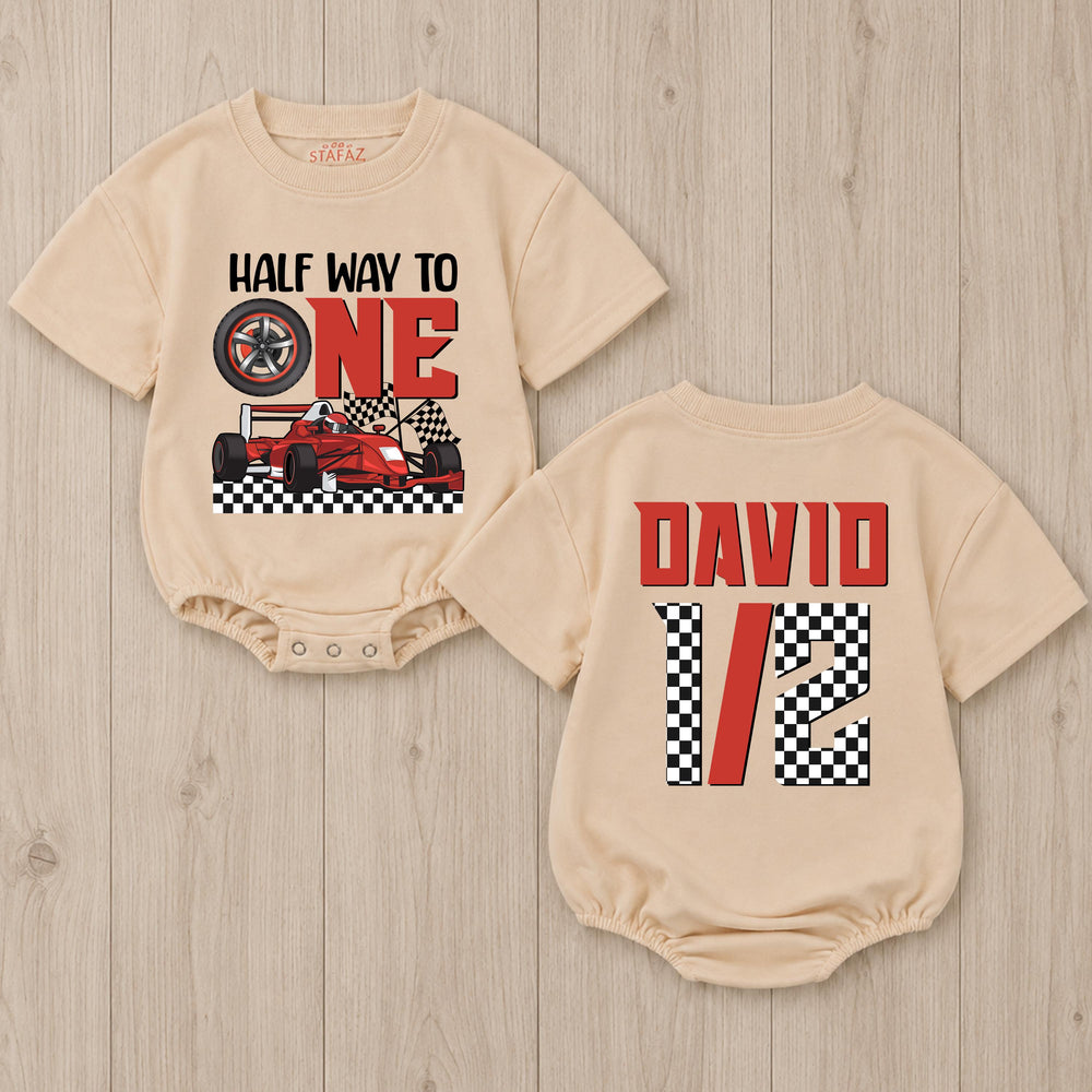 Personalized Half Birthday Baby Romper with Racing Theme Red Race Car Design Half Way to One Outfit Custom Name Formula 1 Party Clothes