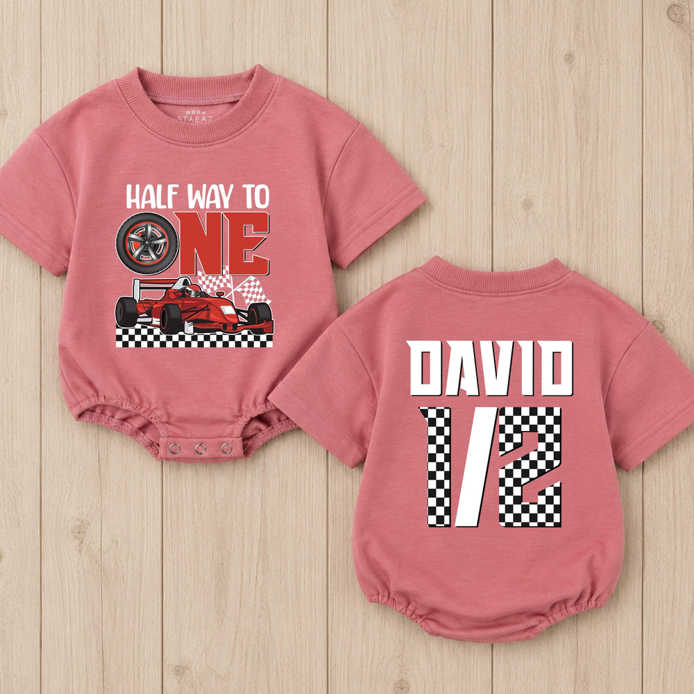 Personalized Half Birthday Baby Romper with Racing Theme Red Race Car Design Half Way to One Outfit Custom Name Formula 1 Party Clothes