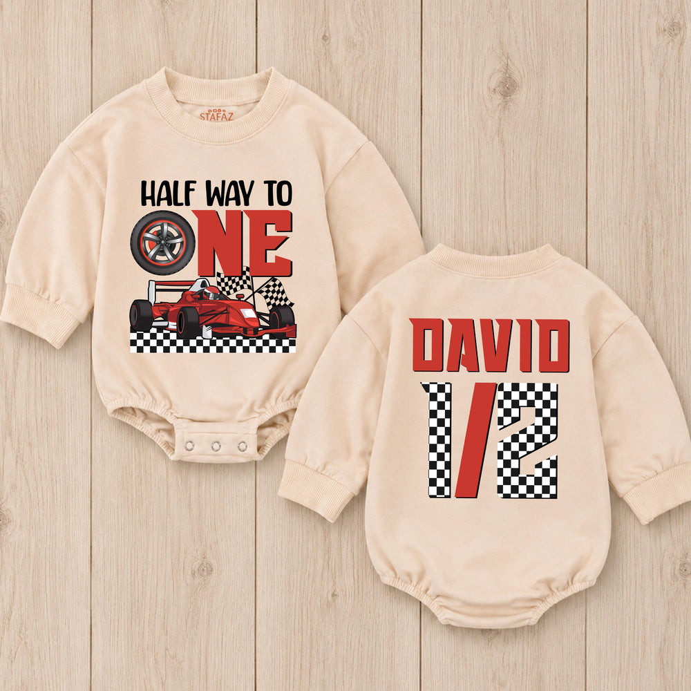 Personalized Half Birthday Baby Romper with Racing Theme Red Race Car Design Half Way to One Outfit Custom Name Formula 1 Party Clothes
