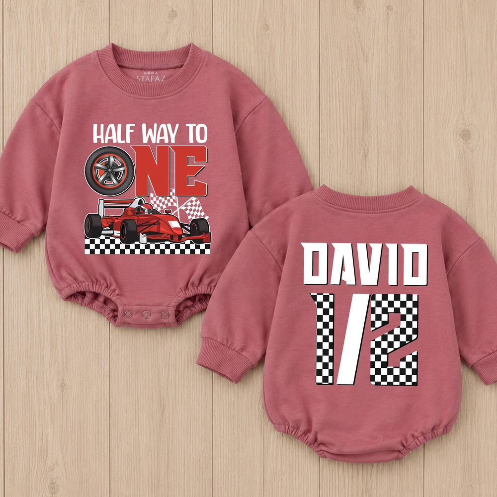 Personalized Half Birthday Baby Romper with Racing Theme Red Race Car Design Half Way to One Outfit Custom Name Formula 1 Party Clothes