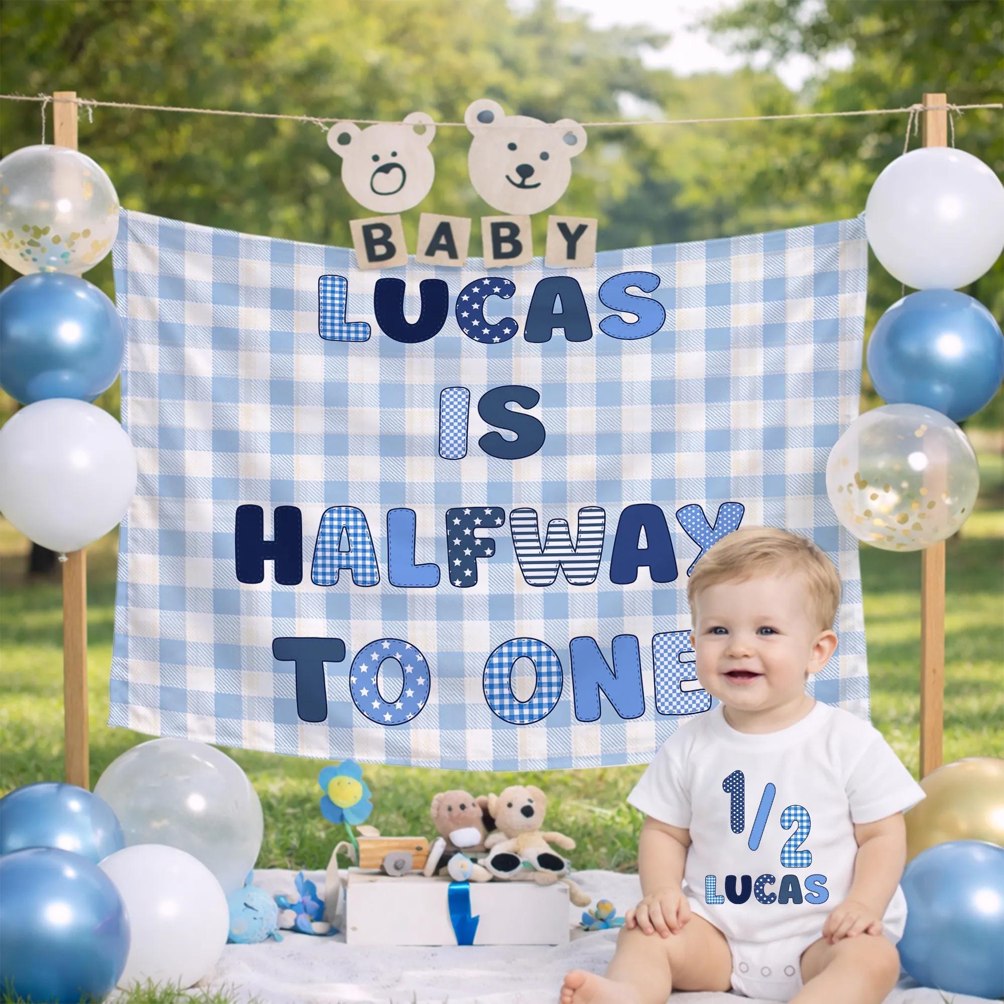 Personalized Half Birthday Boy Romper with Name Blue Gingham 1/2 Outfit Milestone Celebration Baby Party Gift Soft Cotton Design