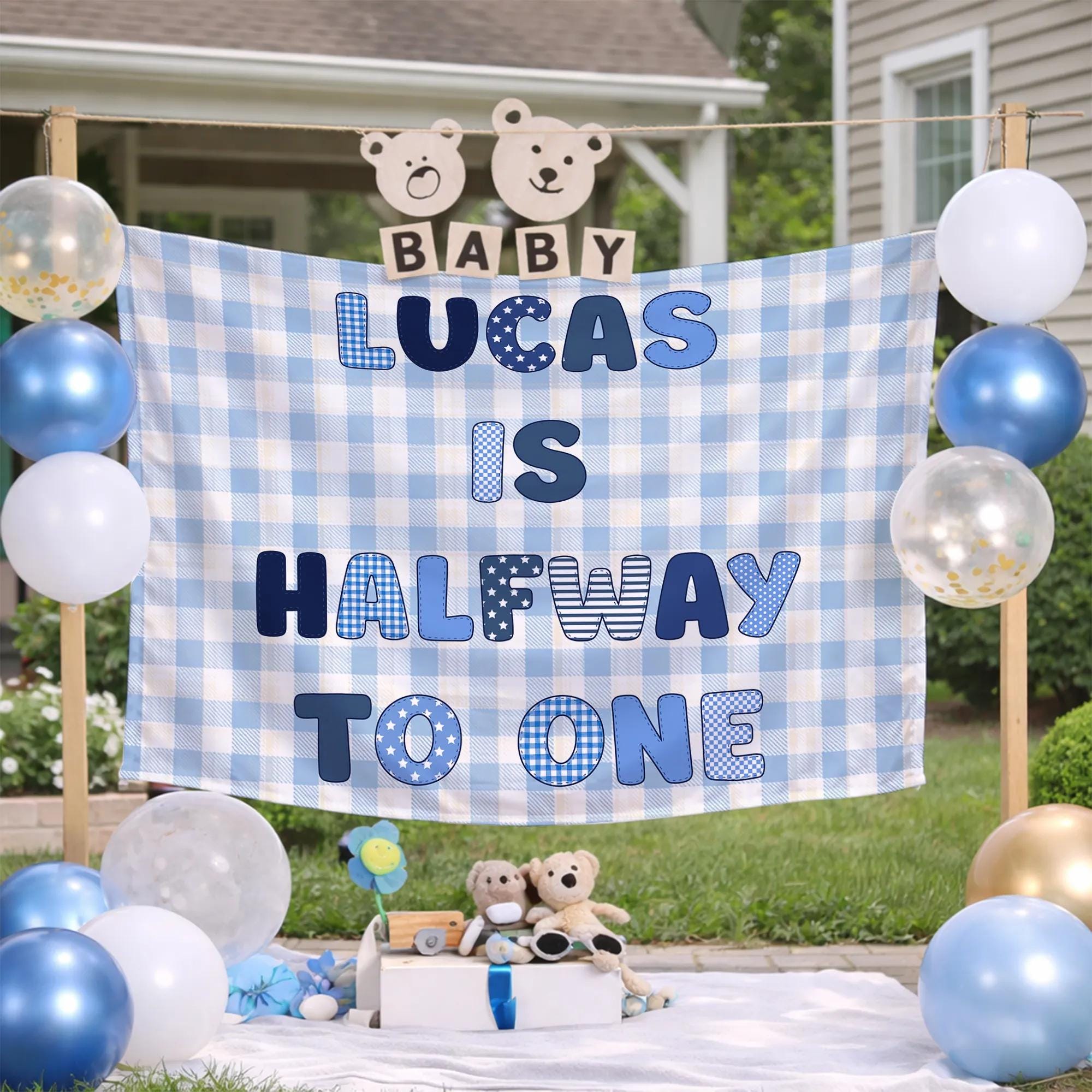 Personalized Half Birthday Boy Romper with Name Blue Gingham 1/2 Outfit Milestone Celebration Baby Party Gift Soft Cotton Design