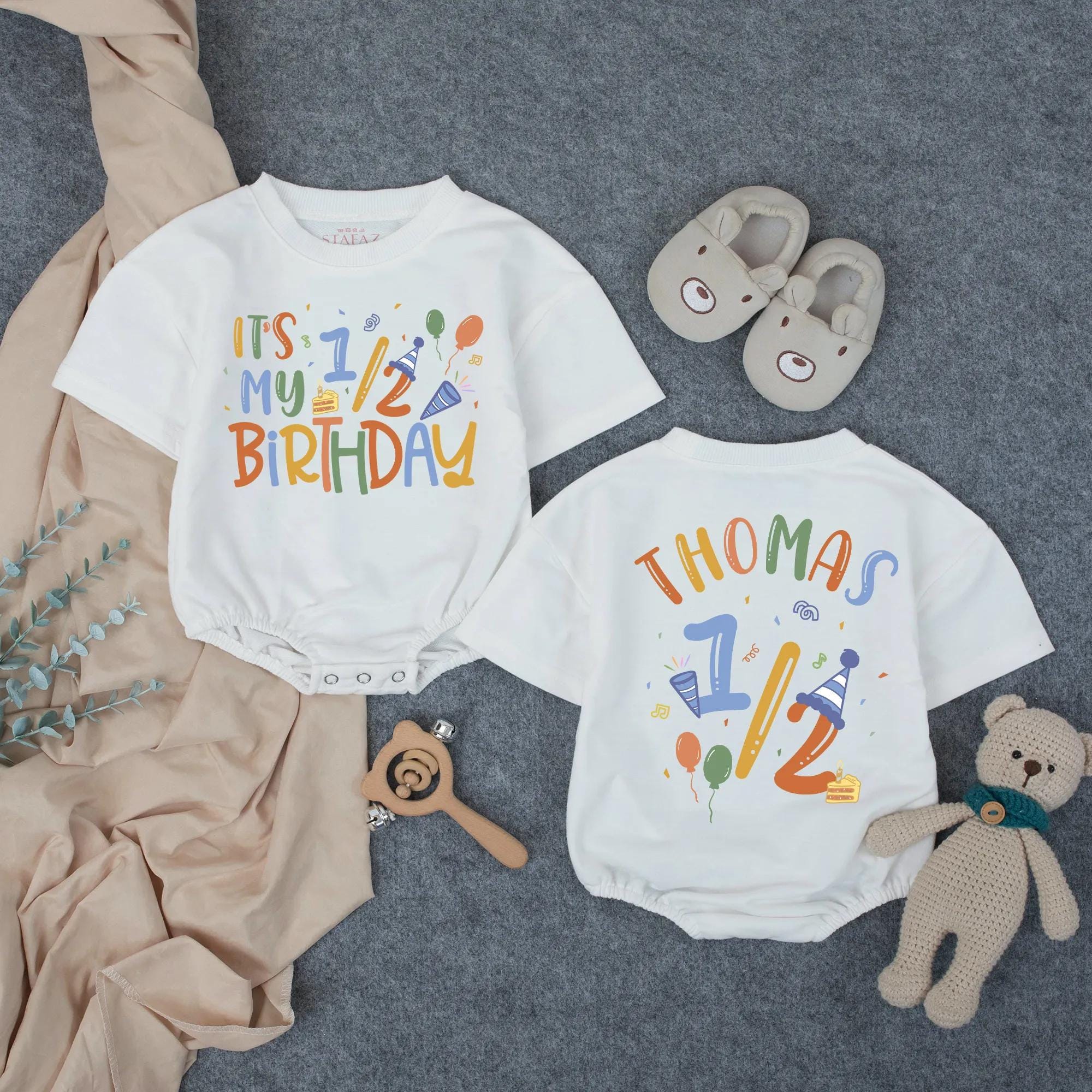 Personalized Half Birthday Bubble Romper for Baby Boys with Name and Festive Graphics Cotton Soft Milestone Outfit Halfway to One Gift