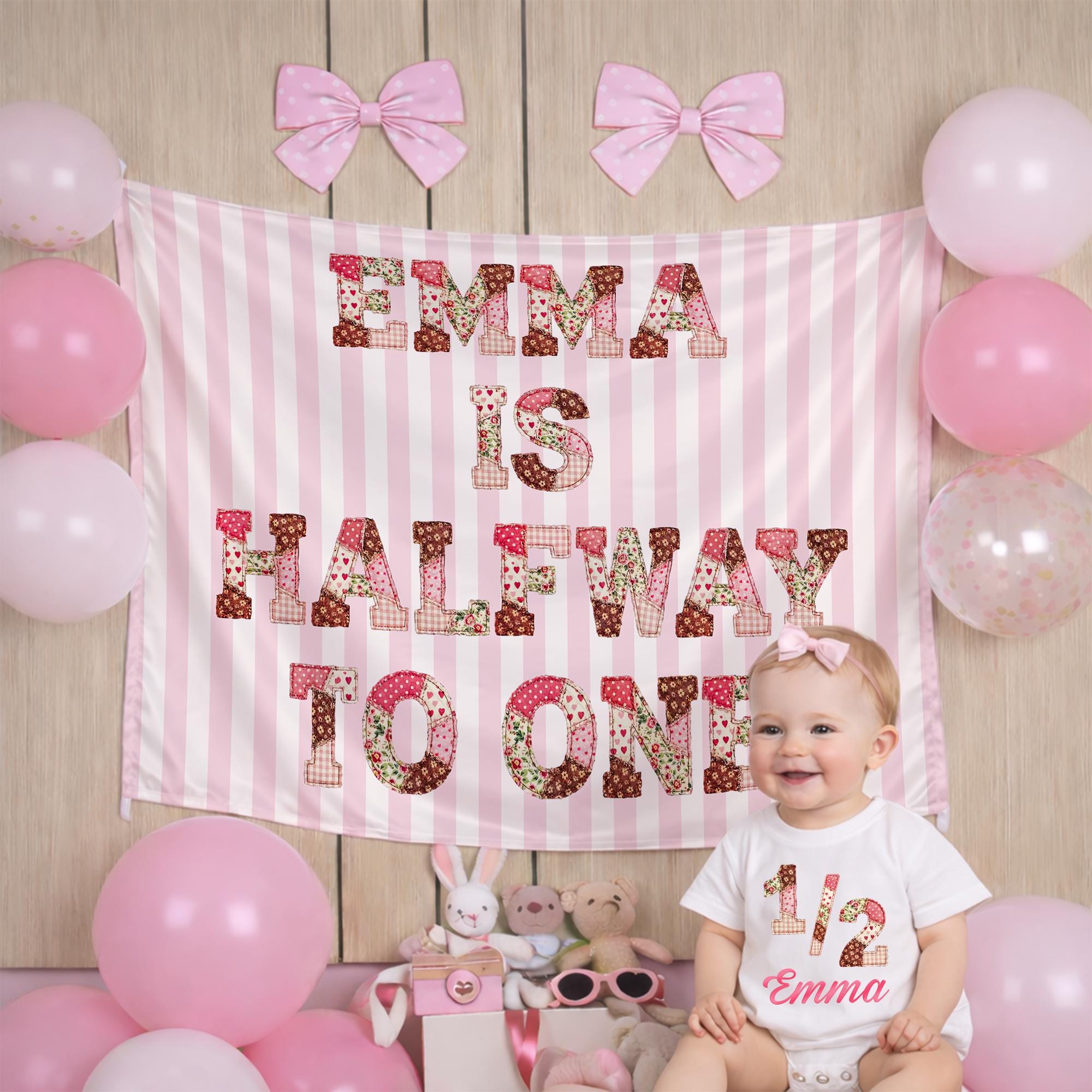 Personalized Half Birthday Girl Romper with Pink Floral 1/2 Design and Custom Name Emma, Cottagecore Baby Outfit for Special Milestone