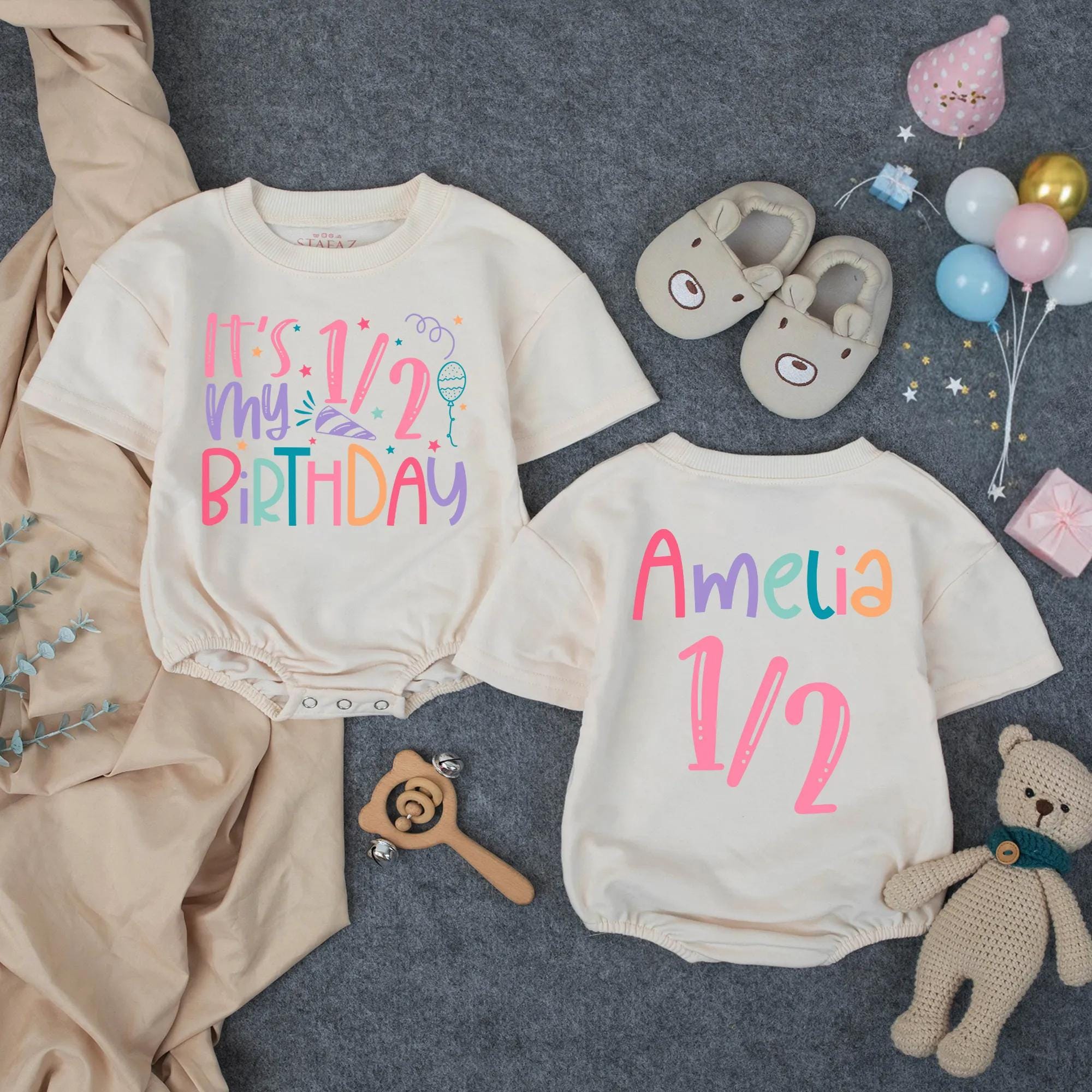 Personalized Half Birthday Girl Romper with Playful Colors and Party Graphics, Baby Milestone Outfit, Celebrate 1/2 Birthday in Style