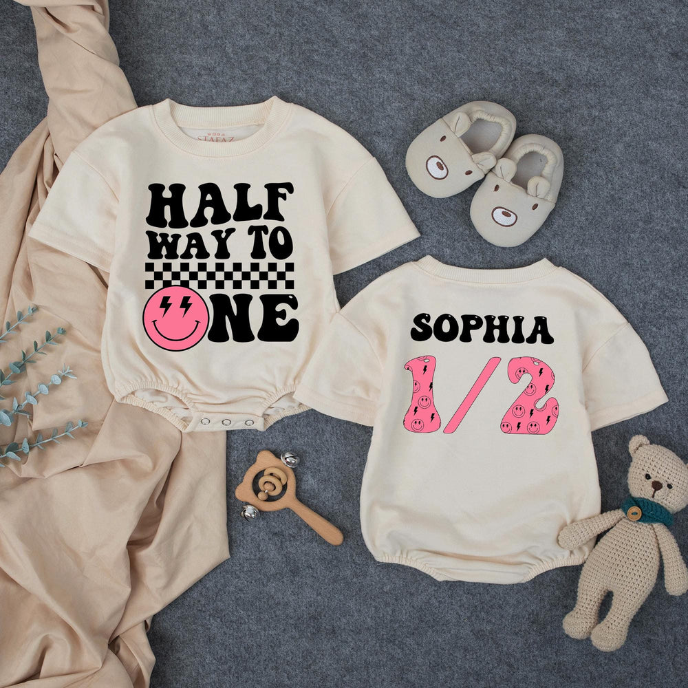 Personalized Half Birthday Outfit for Baby Girl Retro Pink Smiley Face Romper Cute Half Way to One Design Comfortable Cotton Clothing