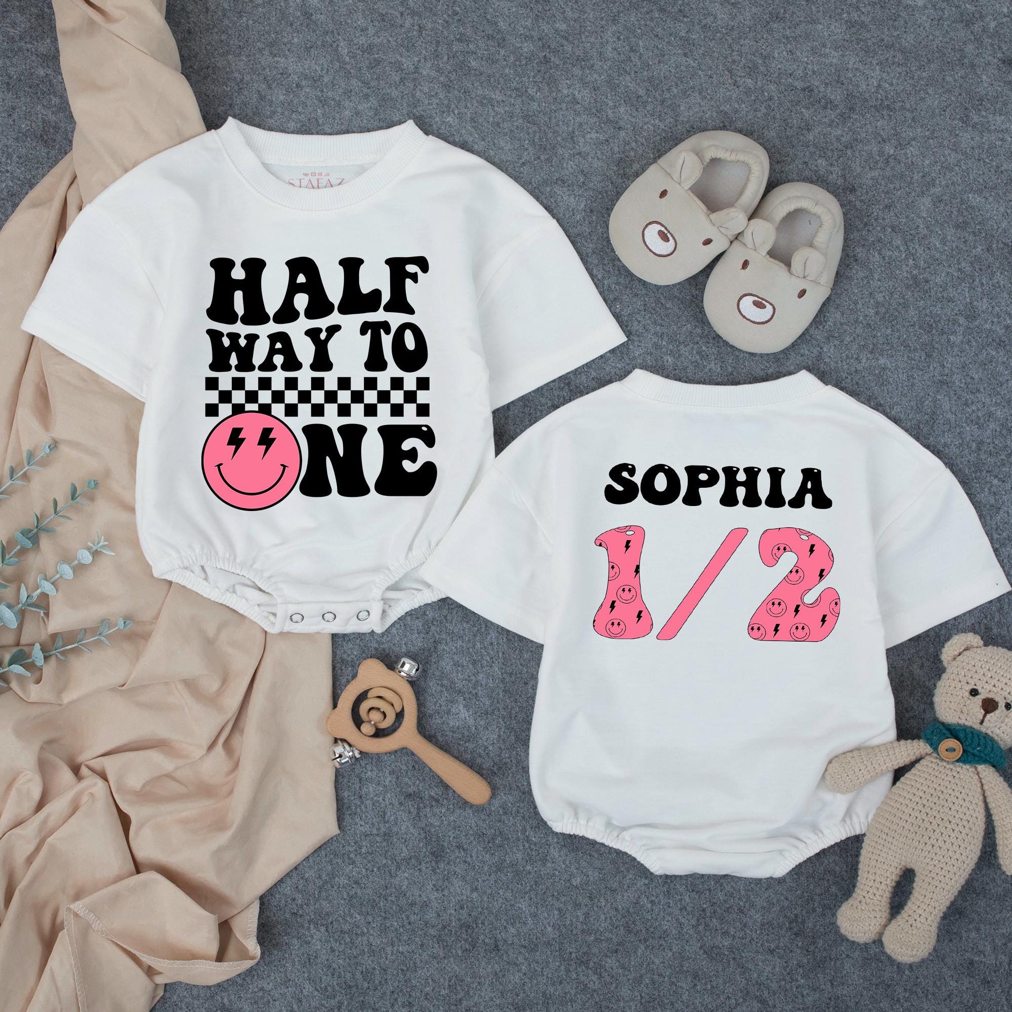 Personalized Half Birthday Outfit for Baby Girl Retro Pink Smiley Face Romper Cute Half Way to One Design Comfortable Cotton Clothing