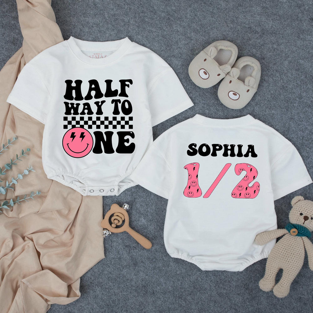 Personalized Half Birthday Outfit for Baby Girl Retro Pink Smiley Face Romper Cute Half Way to One Design Comfortable Cotton Clothing
