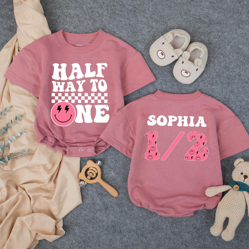 Personalized Half Birthday Outfit for Baby Girl Retro Pink Smiley Face Romper Cute Half Way to One Design Comfortable Cotton Clothing