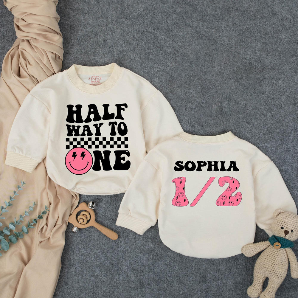Personalized Half Birthday Outfit for Baby Girl Retro Pink Smiley Face Romper Cute Half Way to One Design Comfortable Cotton Clothing