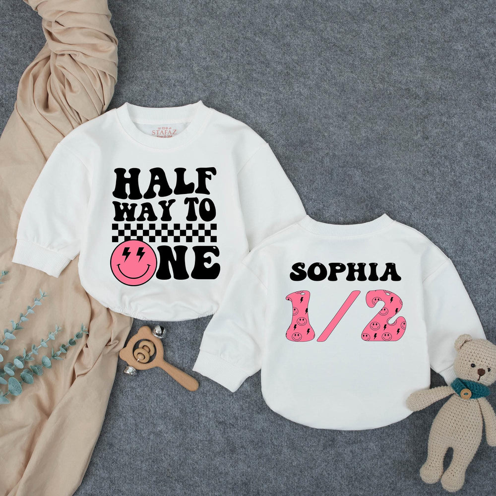 Personalized Half Birthday Outfit for Baby Girl Retro Pink Smiley Face Romper Cute Half Way to One Design Comfortable Cotton Clothing