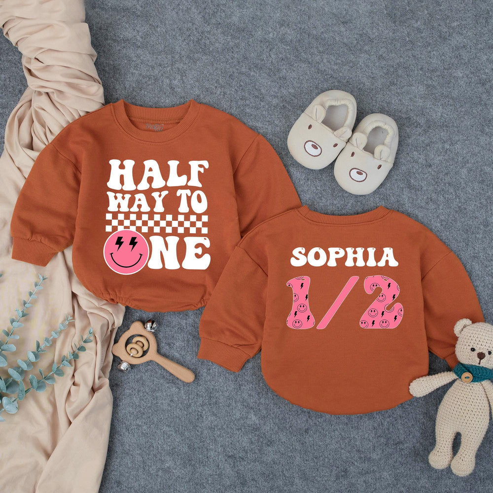 Personalized Half Birthday Outfit for Baby Girl Retro Pink Smiley Face Romper Cute Half Way to One Design Comfortable Cotton Clothing