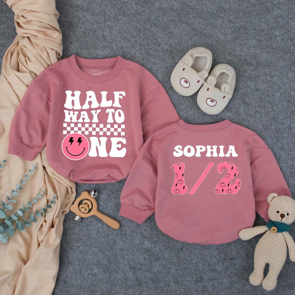 Personalized Half Birthday Outfit for Baby Girl Retro Pink Smiley Face Romper Cute Half Way to One Design Comfortable Cotton Clothing