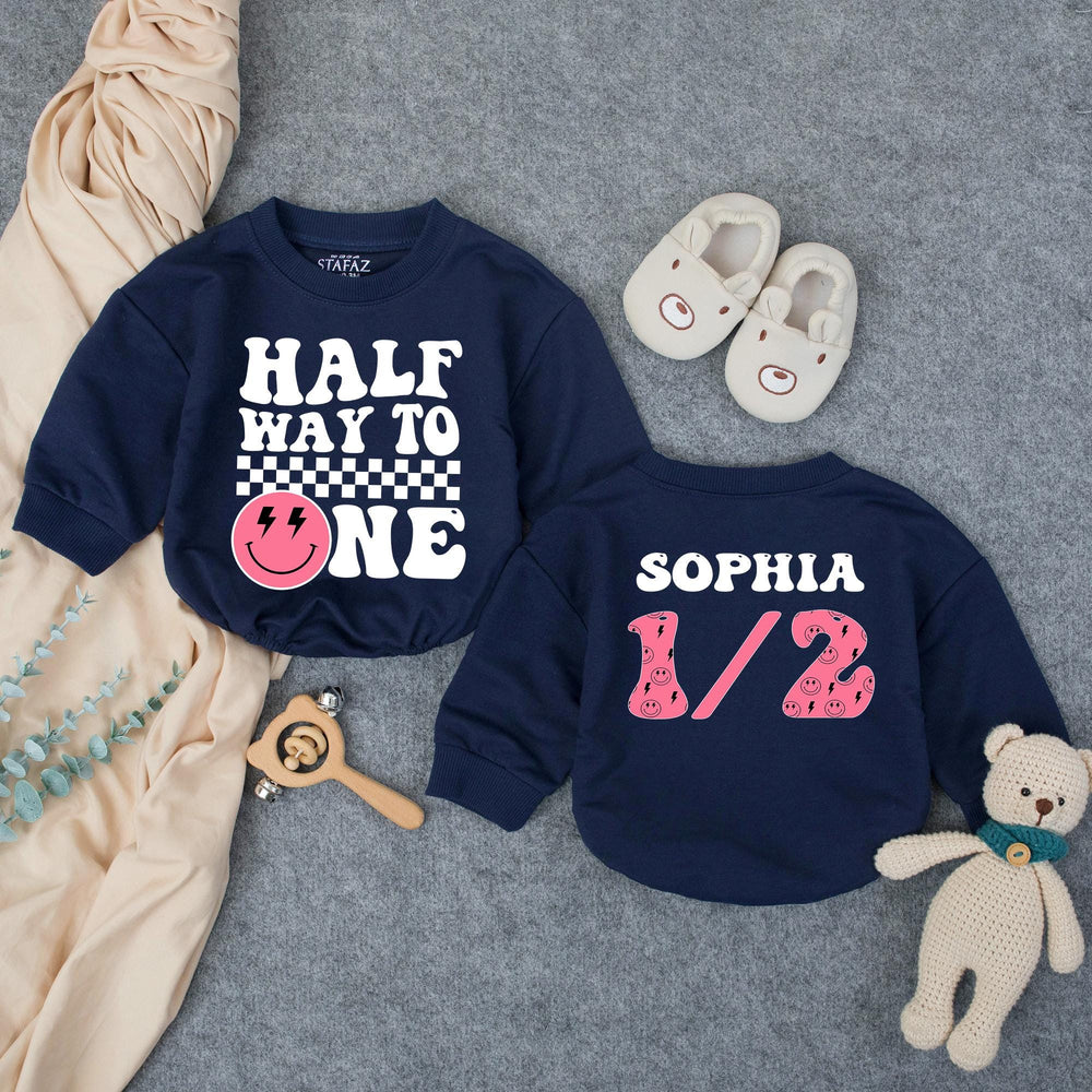 Personalized Half Birthday Outfit for Baby Girl Retro Pink Smiley Face Romper Cute Half Way to One Design Comfortable Cotton Clothing