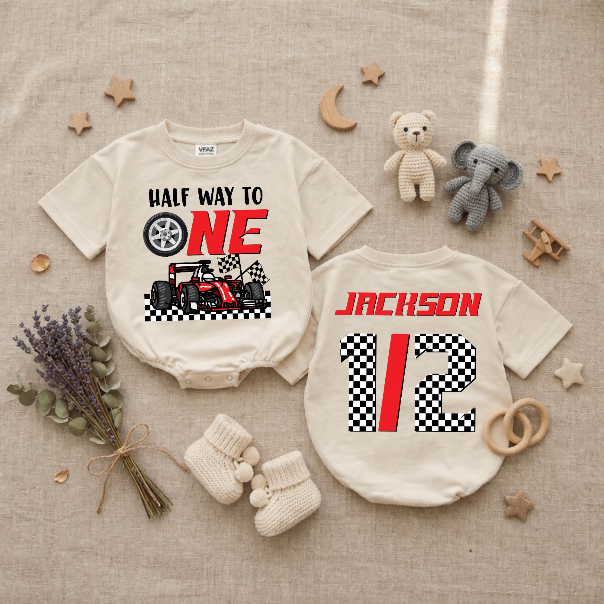 Personalized Half Birthday Racing Outfit for Baby Boy Custom Name Romper Half Way to One 6 Month Formula Car Cake Smash Clothes Jackson