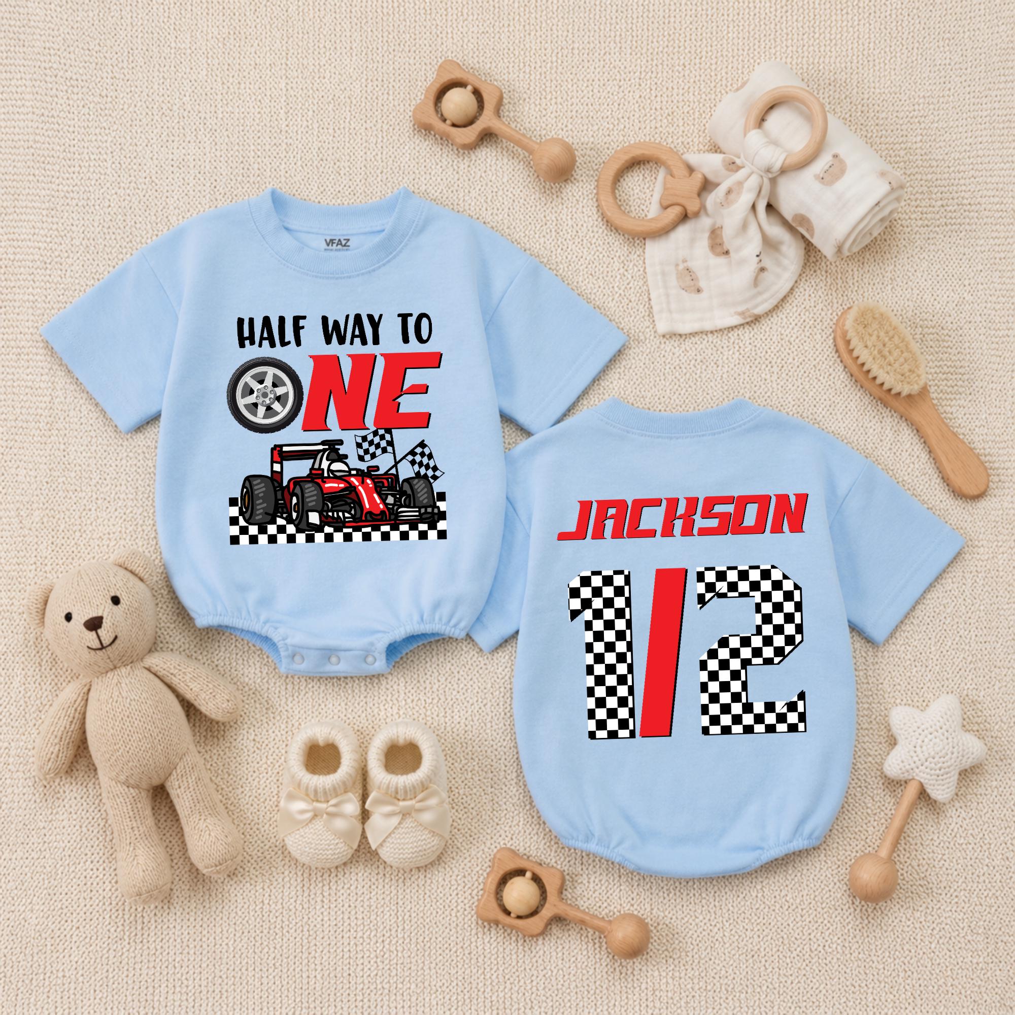 Personalized Half Birthday Racing Outfit for Baby Boy Custom Name Romper Half Way to One 6 Month Formula Car Cake Smash Clothes Jackson