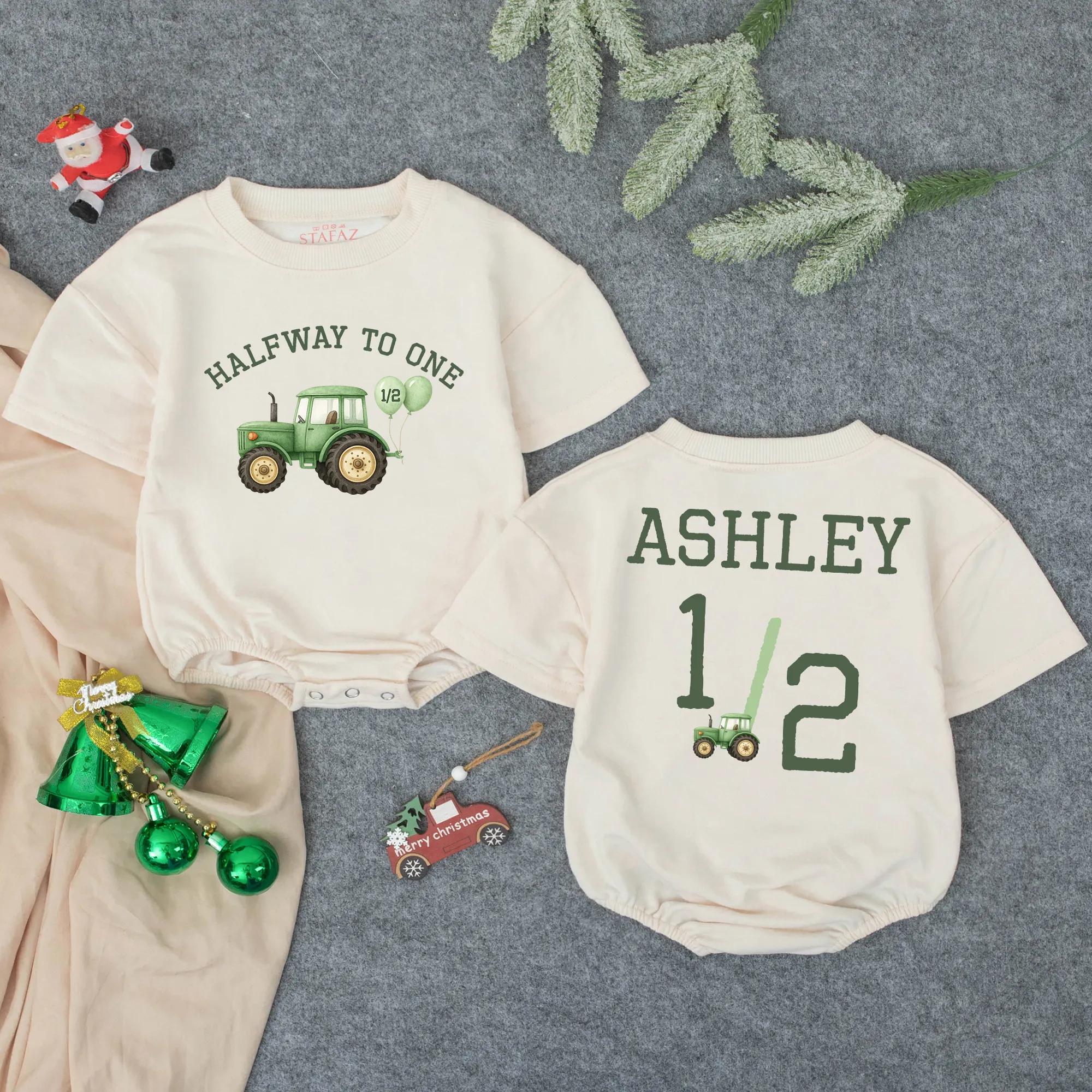 Personalized Half Birthday Romper with Green Tractor Design Baby Boy or Girl Outfit Soft Cotton Farm Theme Bodysuit Custom Name Gift