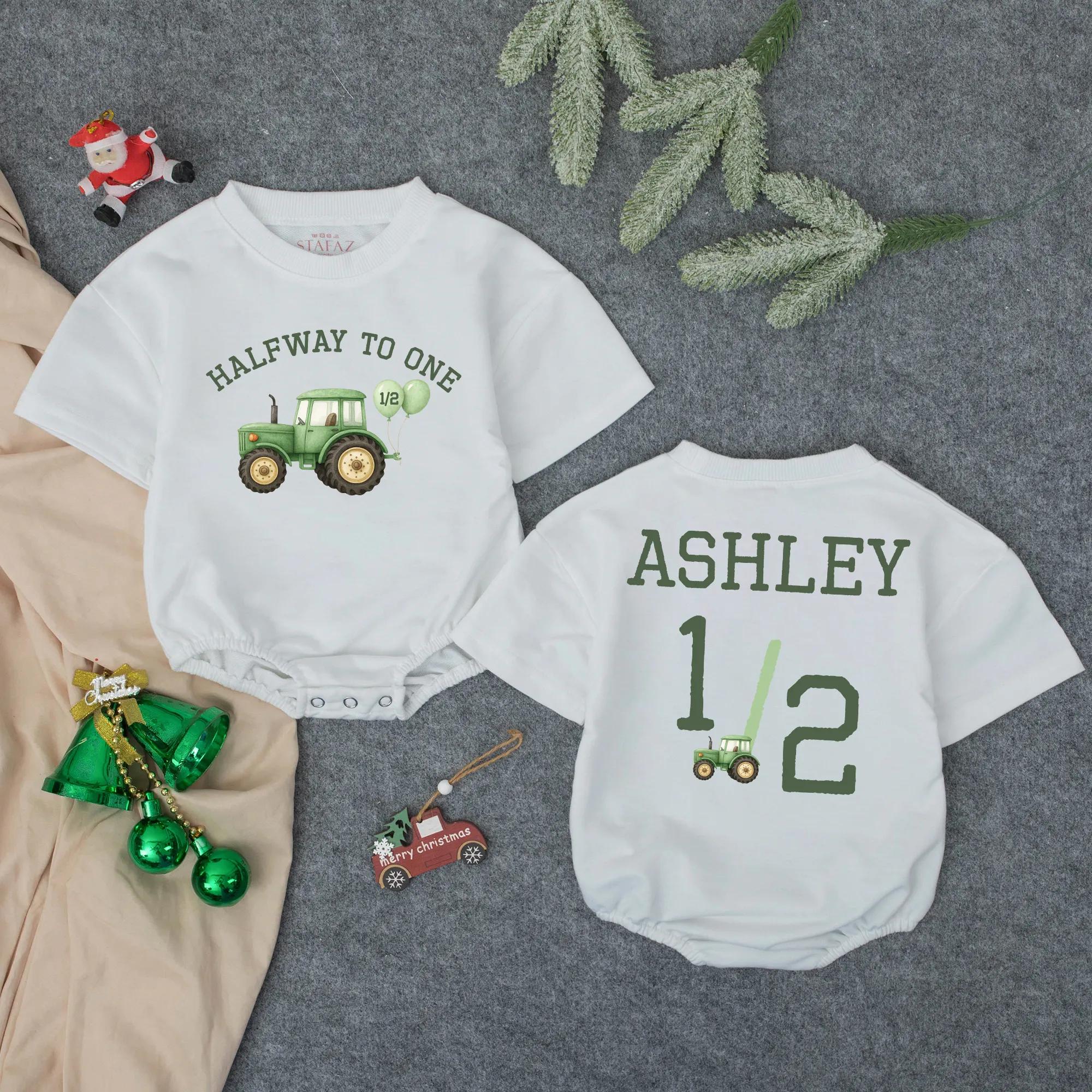 Personalized Half Birthday Romper with Green Tractor Design Baby Boy or Girl Outfit Soft Cotton Farm Theme Bodysuit Custom Name Gift