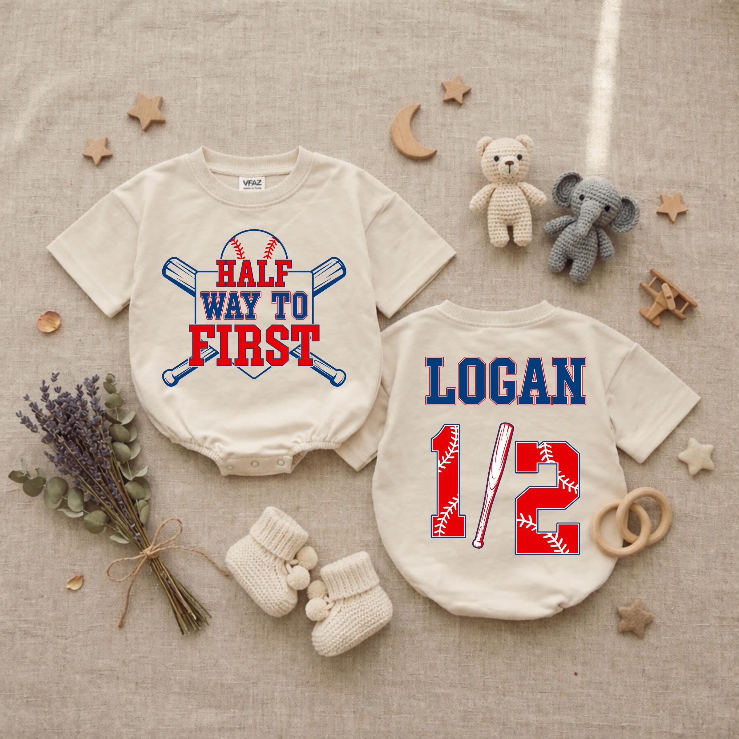Personalized Half Way to First Baseball Romper with Custom Name Soft Cotton Half Birthday Baby Bodysuit Red and Blue Sports Outfit