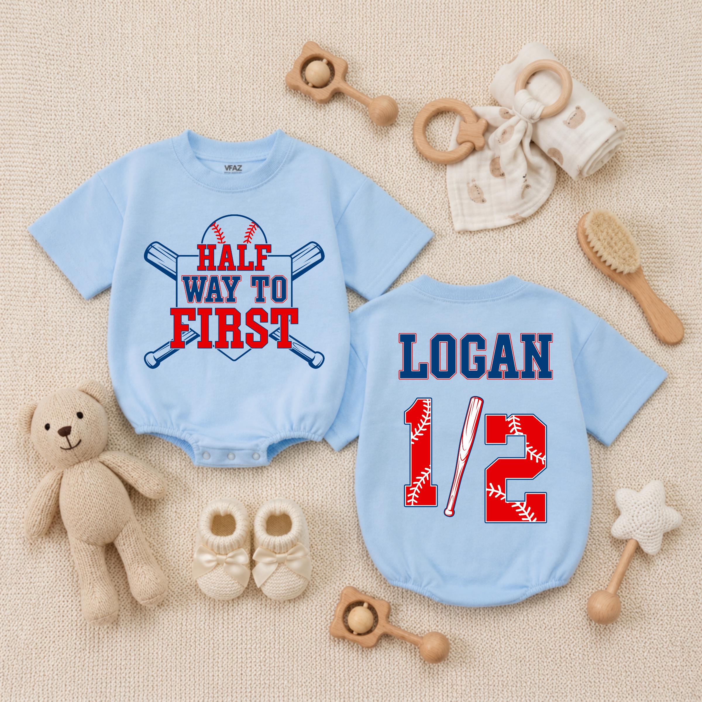 Personalized Half Way to First Baseball Romper with Custom Name Soft Cotton Half Birthday Baby Bodysuit Red and Blue Sports Outfit