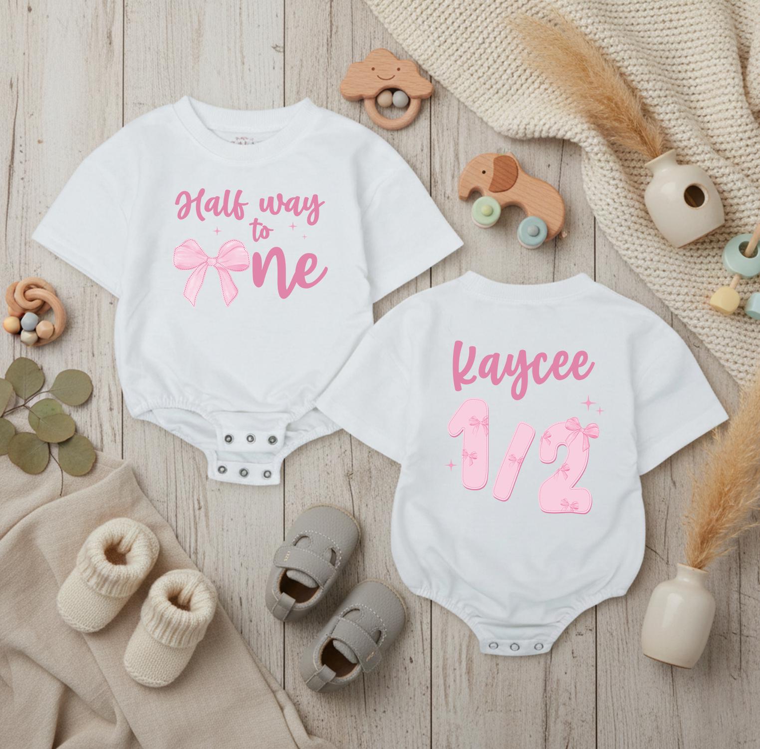 Personalized Half Way to One Baby Girl Romper with Pink Bow Design 6 Month Birthday Bodysuit Infant Milestone Outfit Sweet Gift