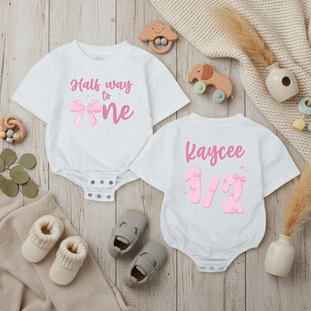 Personalized Half Way to One Baby Girl Romper with Pink Bow Design 6 Month Birthday Bodysuit Infant Milestone Outfit Sweet Gift