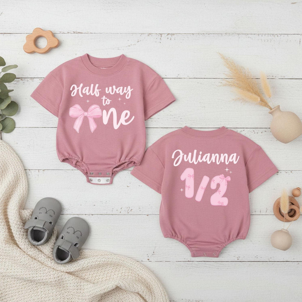 Personalized Half Way to One Baby Girl Romper with Pink Bow Design 6 Month Birthday Bodysuit Infant Milestone Outfit Sweet Gift
