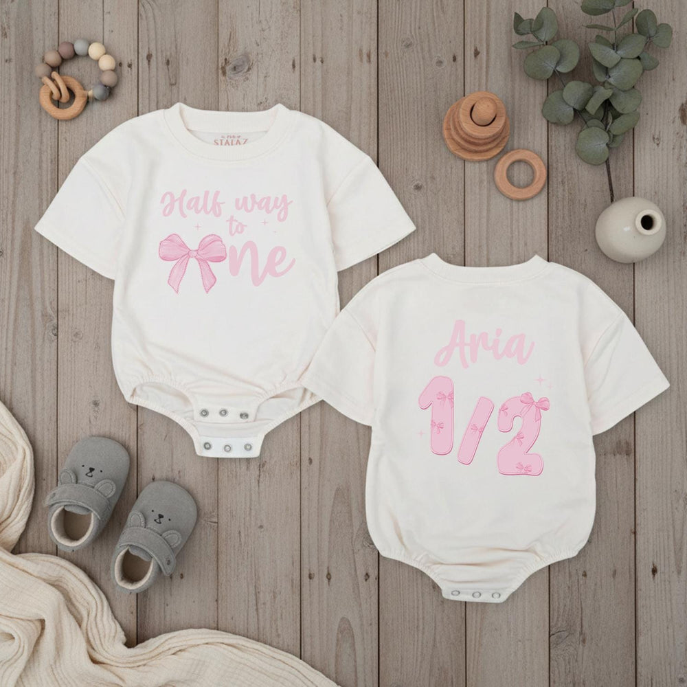 Personalized Half Way to One Baby Girl Romper with Pink Bow Design 6 Month Birthday Bodysuit Infant Milestone Outfit Sweet Gift