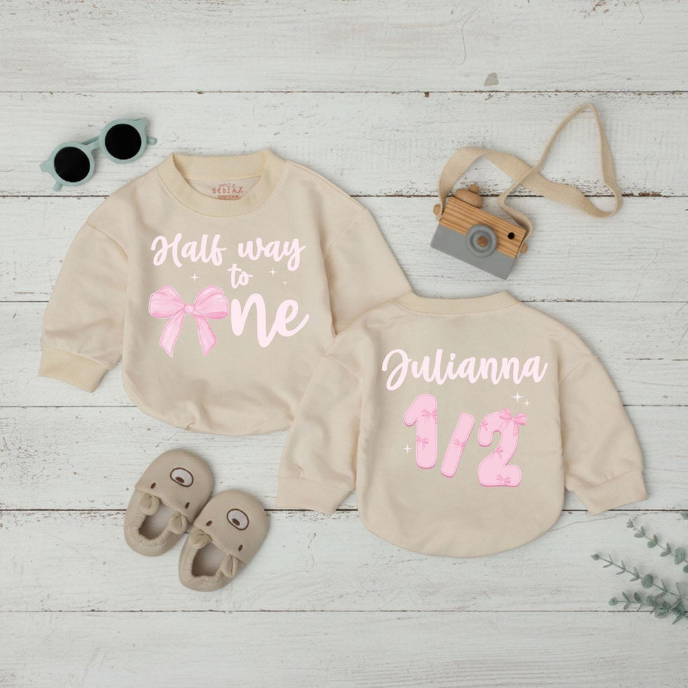 Personalized Half Way to One Baby Girl Romper with Pink Bow Design 6 Month Birthday Bodysuit Infant Milestone Outfit Sweet Gift