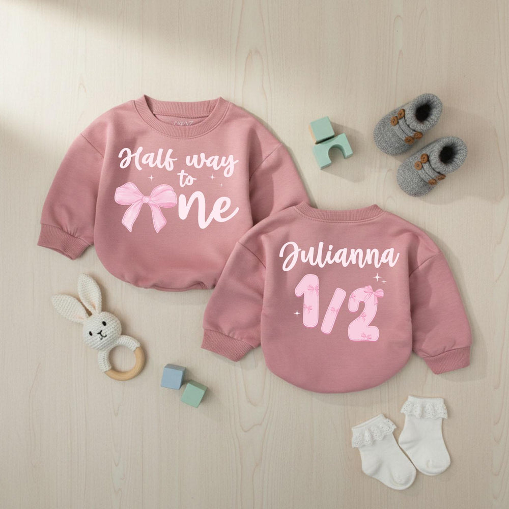 Personalized Half Way to One Baby Girl Romper with Pink Bow Design 6 Month Birthday Bodysuit Infant Milestone Outfit Sweet Gift